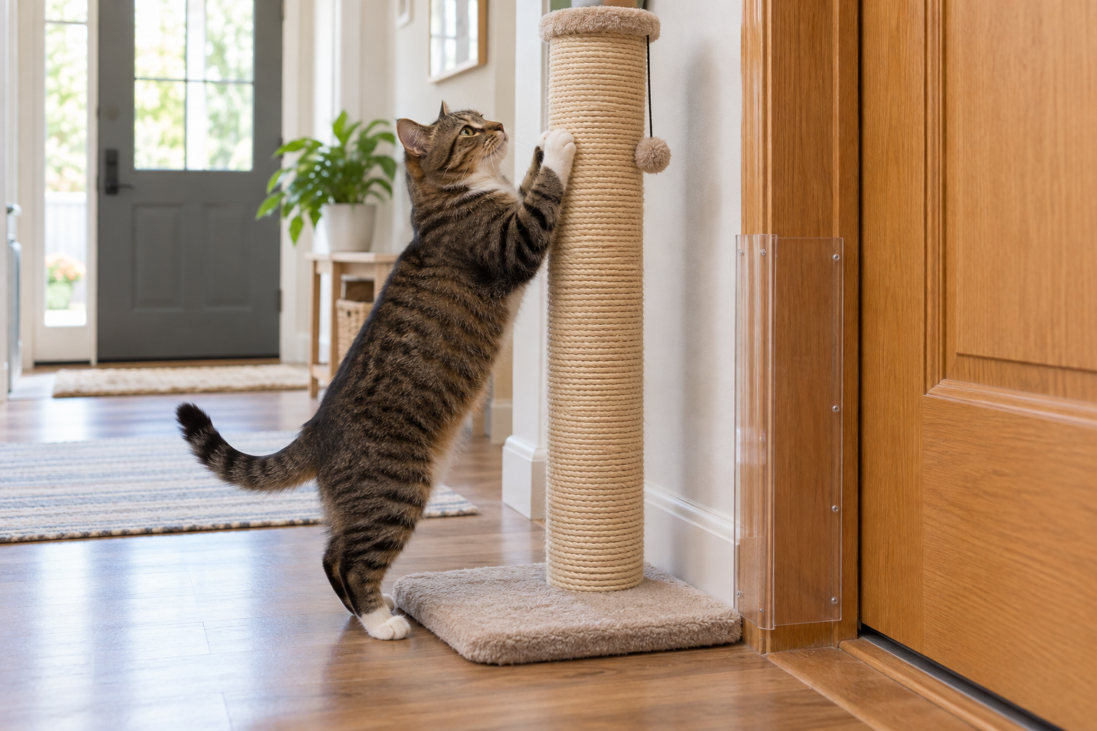 A tabby cat stretches on a tall sisal scratching post beside a protected wooden door frame in a bright hallway.