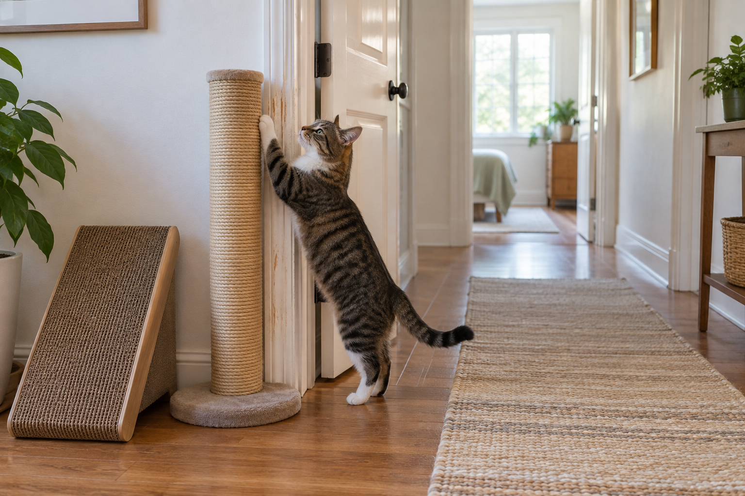 A cat uses a tall sisal post beside a scratched door frame while an angled cardboard scratcher sits off the hallway walking path.
