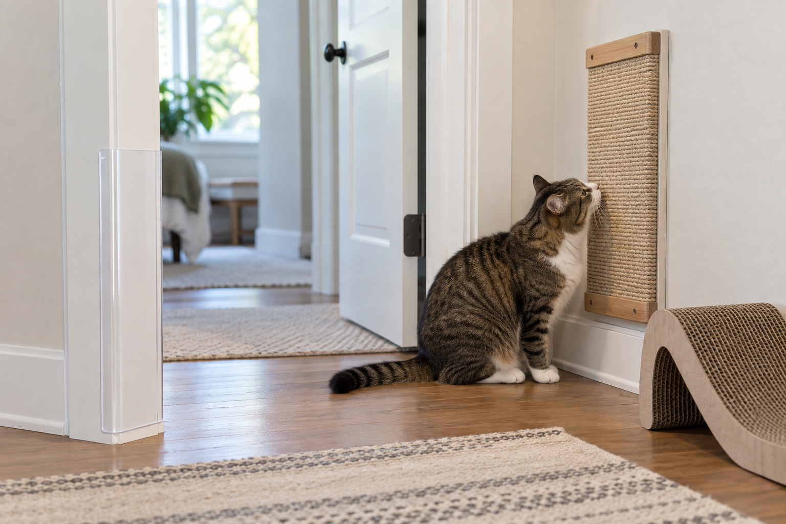 A clear removable guard protects the lower door jamb while a cat investigates a wall-mounted sisal scratch board nearby.