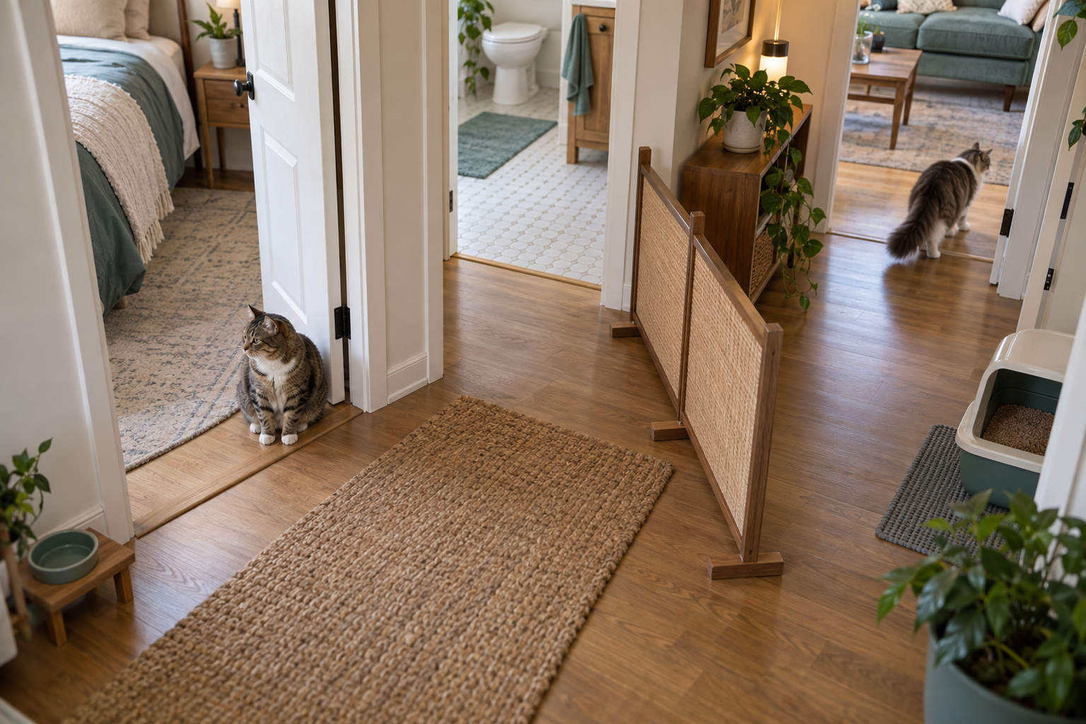 Two cats in a home hallway with open doors, a freestanding screen, separate water and litter locations, and clear alternate paths.