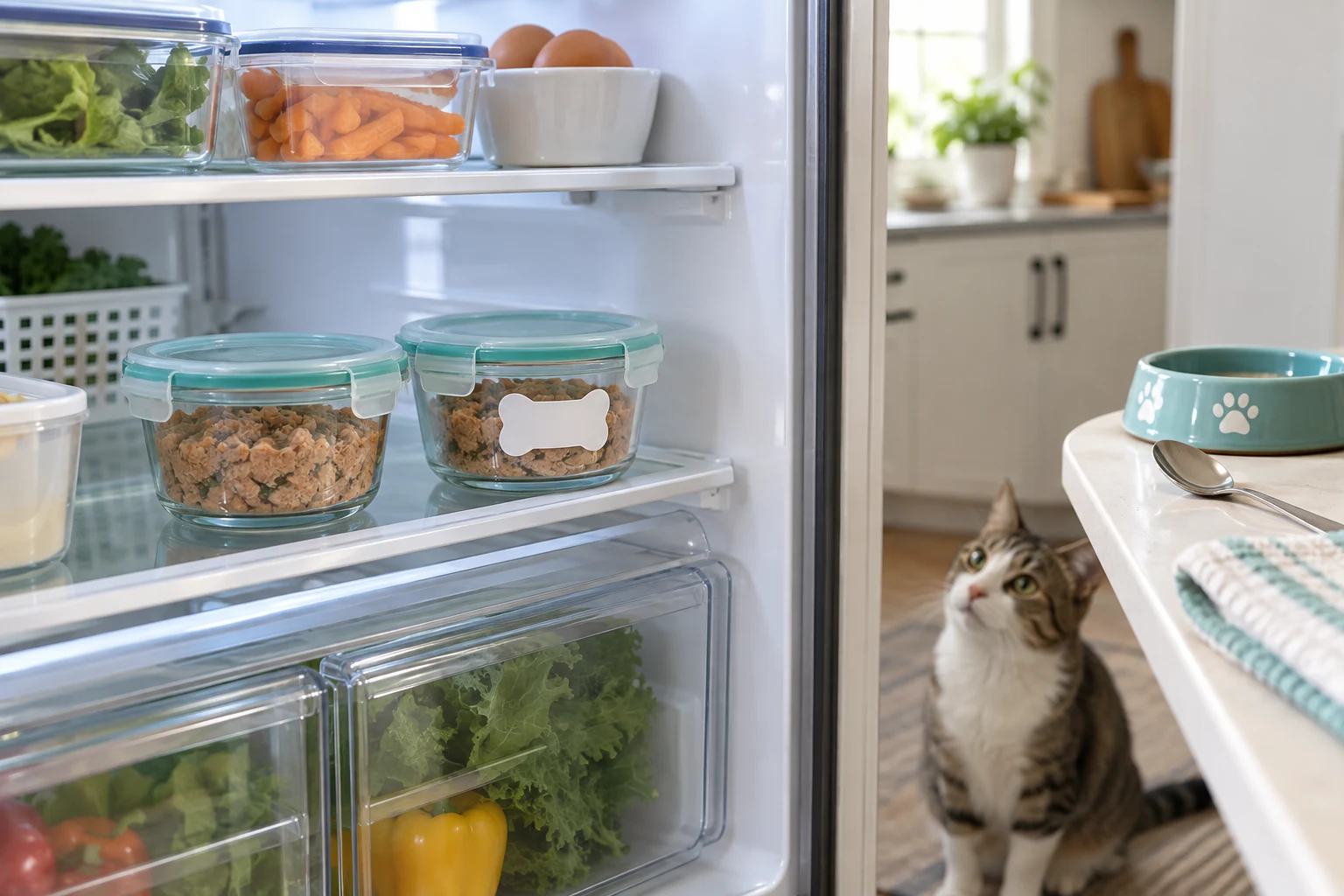 Covered wet cat food portions thawing on a refrigerator shelf with a clean cat bowl and spoon waiting nearby.