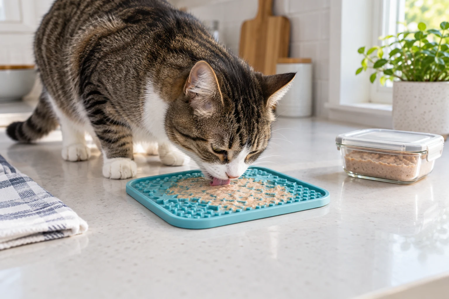 Tabby cat licking a thin layer of chilled wet cat food from a teal silicone lick mat on a clean kitchen counter.