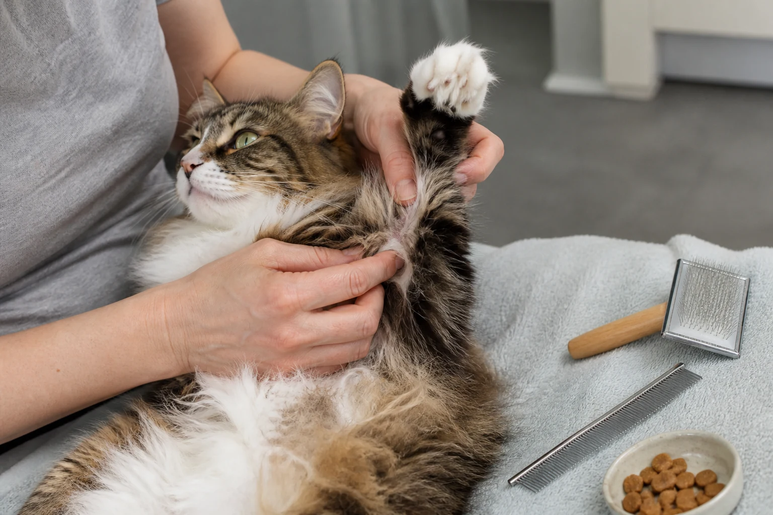 A person gently supports a relaxed longhaired cat's front leg while checking the armpit fur for early tangles.