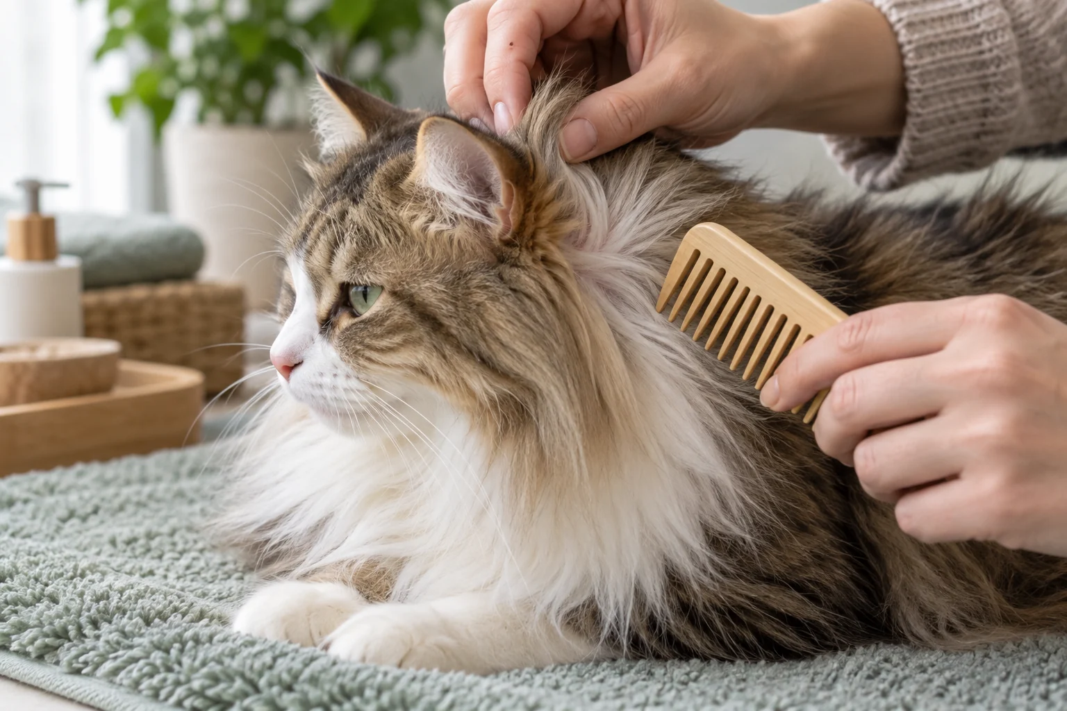 A person parts the fluffy fur behind a longhaired cat's ear before using a wide-tooth comb.