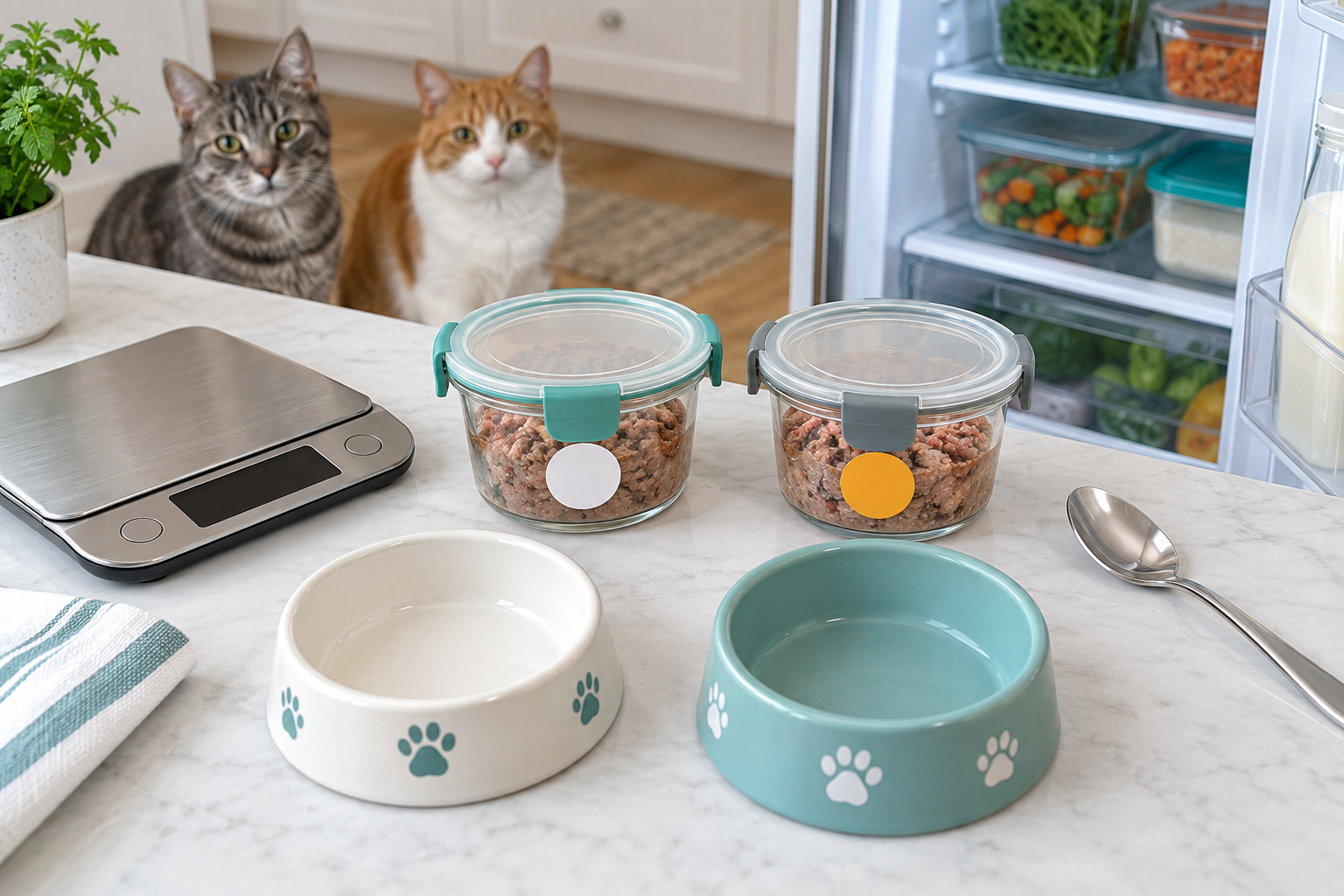 Two covered glass containers of wet cat food leftovers with separate labels beside clean bowls, a spoon, a kitchen scale, and an open refrigerator.