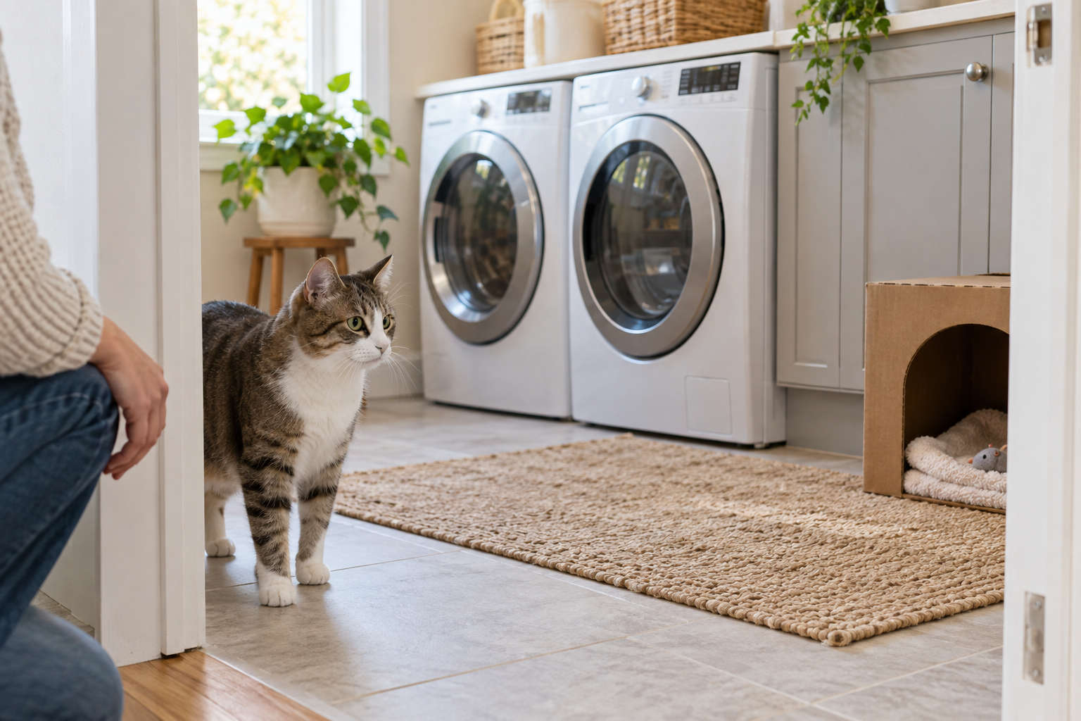 New tabby cat calmly standing at a laundry room doorway with closed washer and dryer doors, a cabinet, and a cardboard hiding box nearby