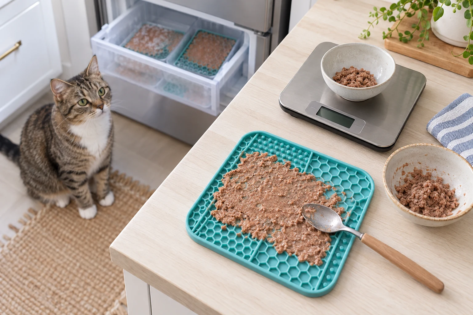 Measured wet cat food, kitchen scale, spoon, and silicone lick mat prepared near an open freezer drawer while a cat waits nearby.