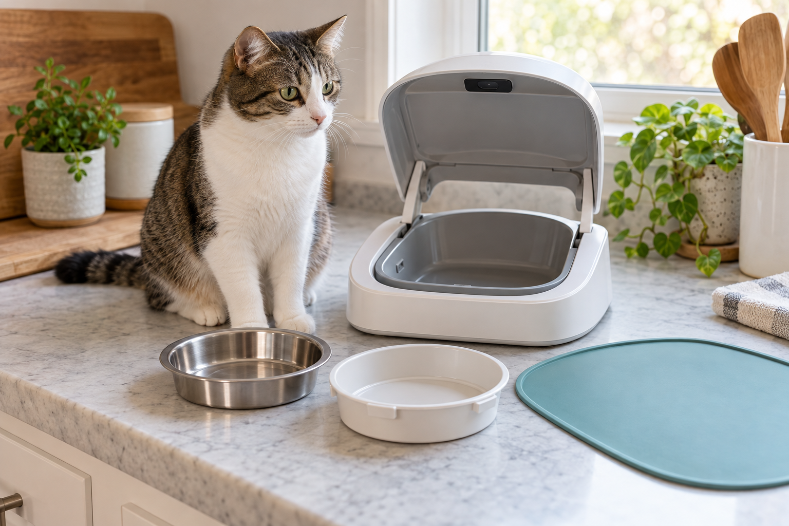 A clean microchip cat feeder with stainless steel and plastic bowl inserts, a teal mat, and a calm tabby cat waiting beside the feeding station.