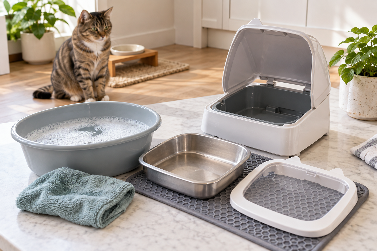 A microchip cat feeder with its removable bowl, lid, and mat arranged beside warm soapy water and a clean cloth while a tabby cat waits nearby.