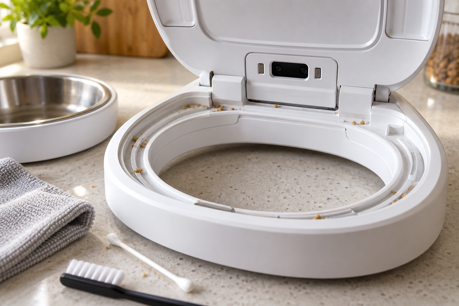 Close-up of a dry microchip cat feeder with crumbs in the lid track and sensor area beside a soft cloth, brush, and cotton swab.