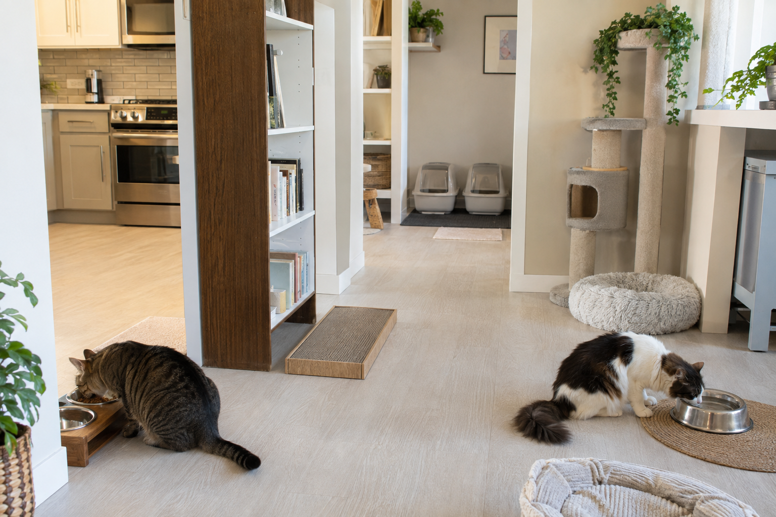 A simple multi-cat home setup with separate food, water, litter, beds, scratchers, and elevated resting areas across different rooms.
