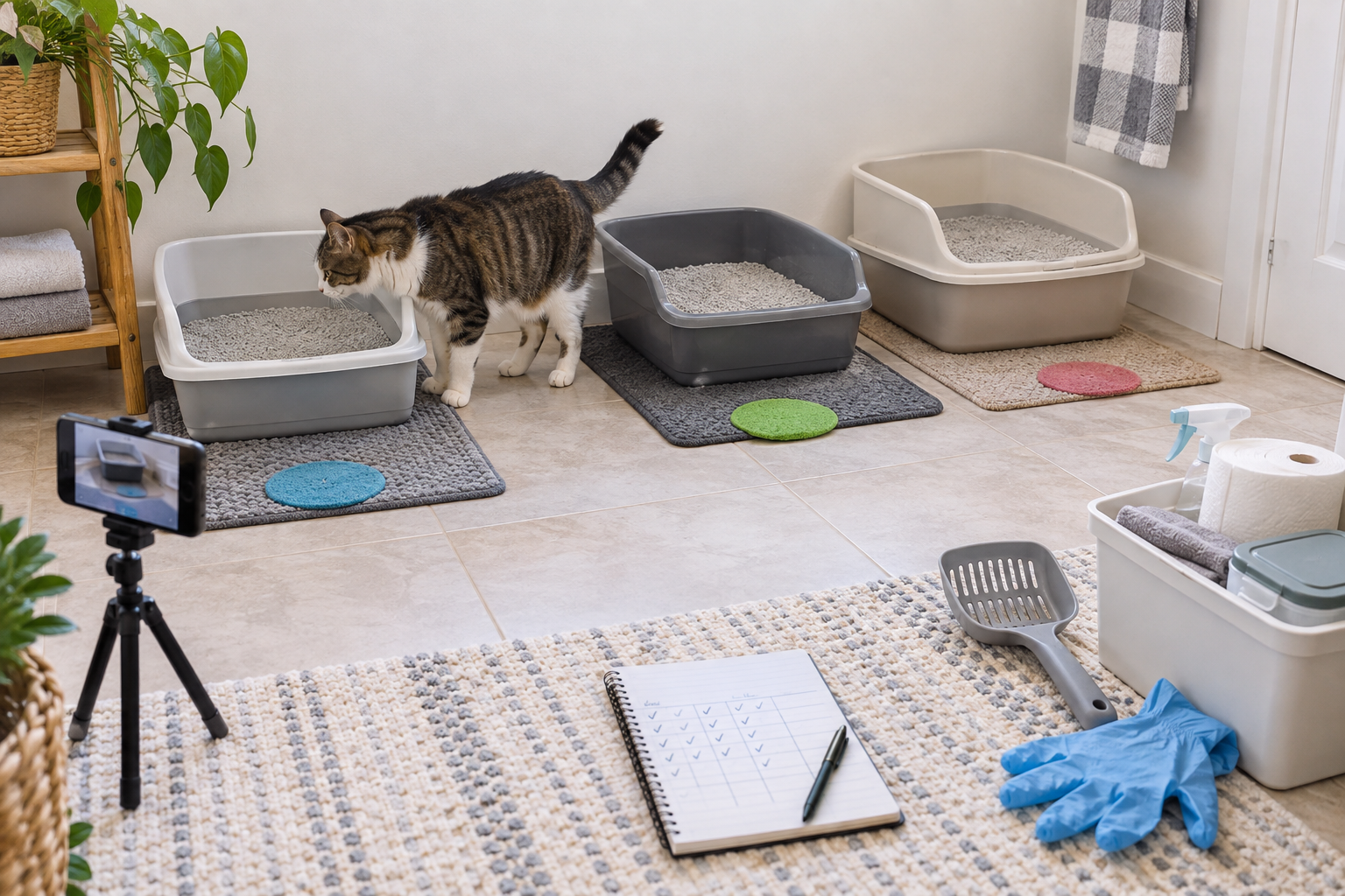 Clean multi-cat litter box tracking setup with separate boxes, colored mat markers, a phone tripod, scoop, gloves, and notebook.