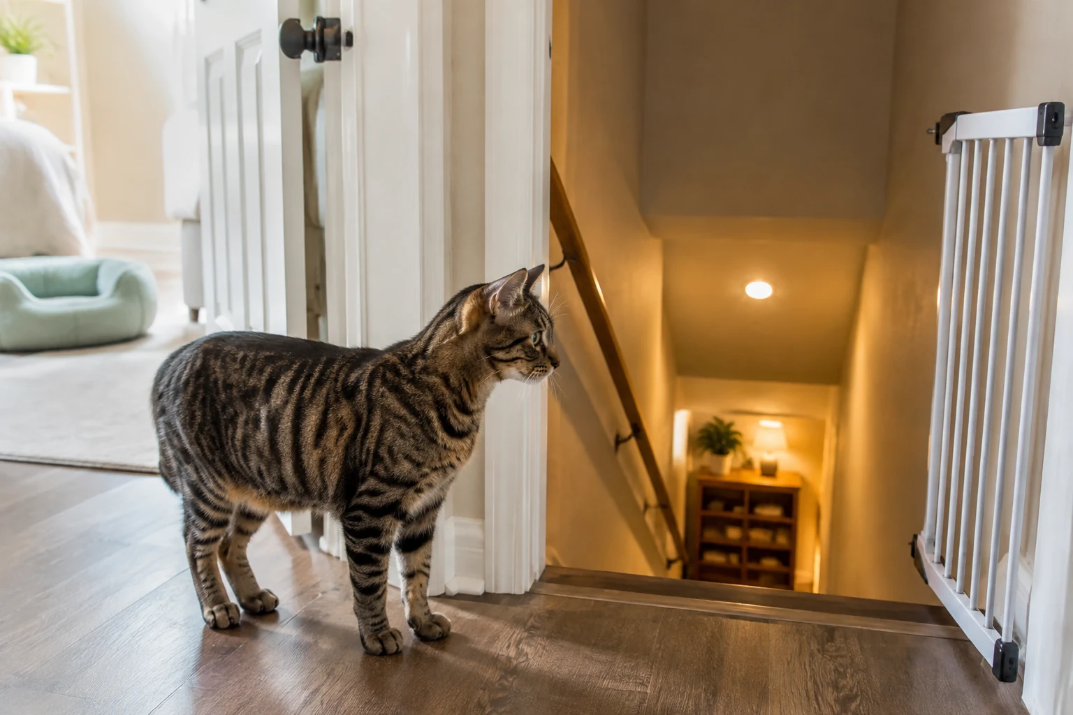 New tabby cat calmly standing beside an open basement stair doorway with a pet gate and quiet retreat room nearby