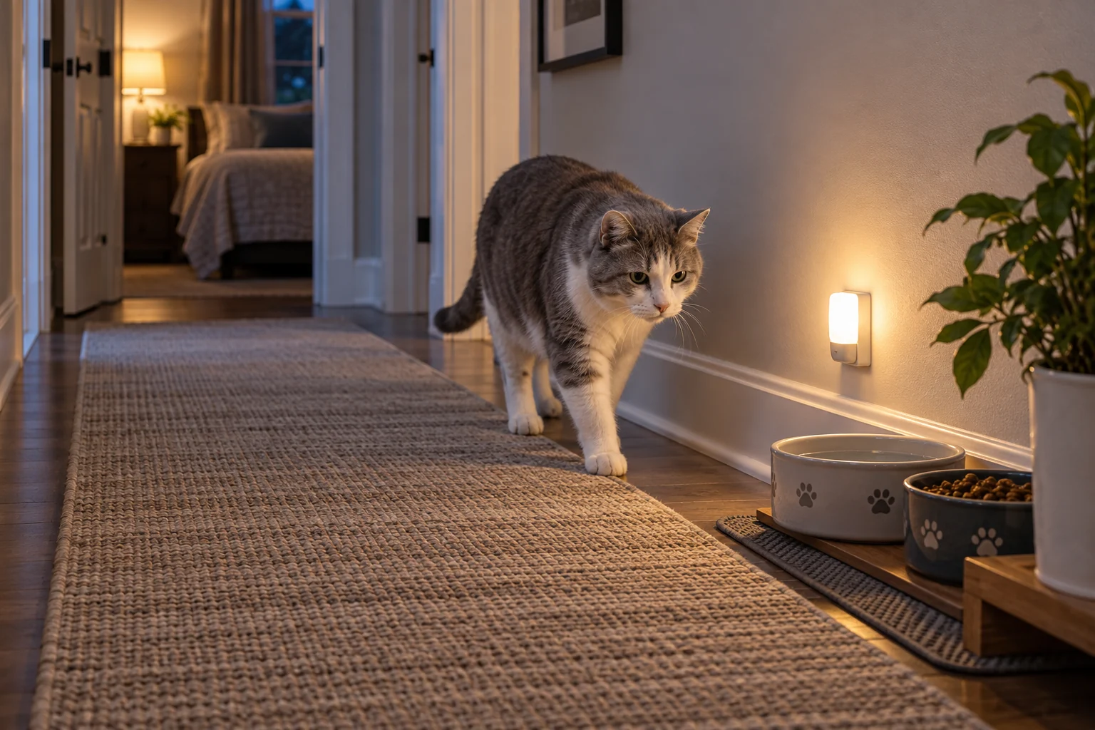 Senior gray and white cat walking along a clear hallway route with a nightlight, runner rug, and water station.