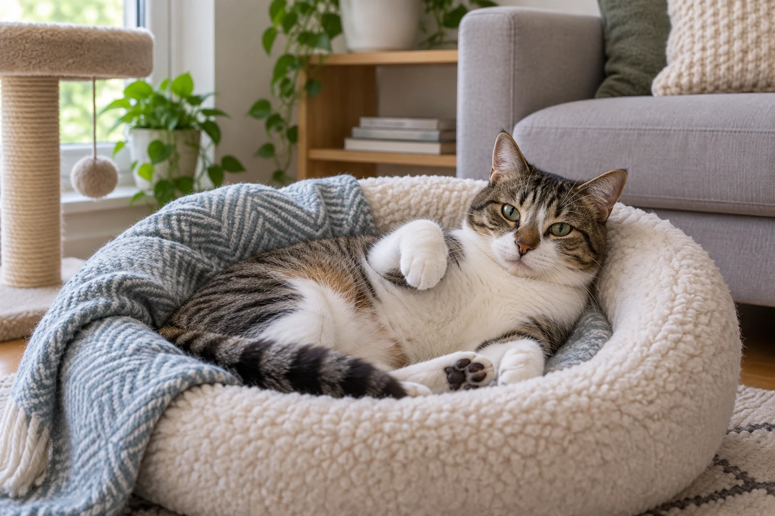 Relaxed cat in a soft bed after a brief sleep start