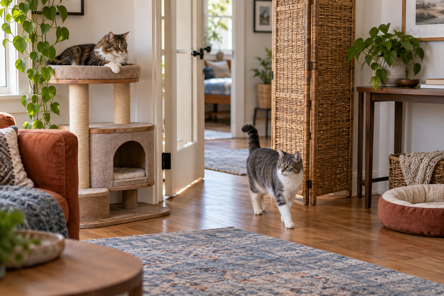 One cat rests on a low cat tree while another walks through an open doorway beside a woven screen and clear passing lane.