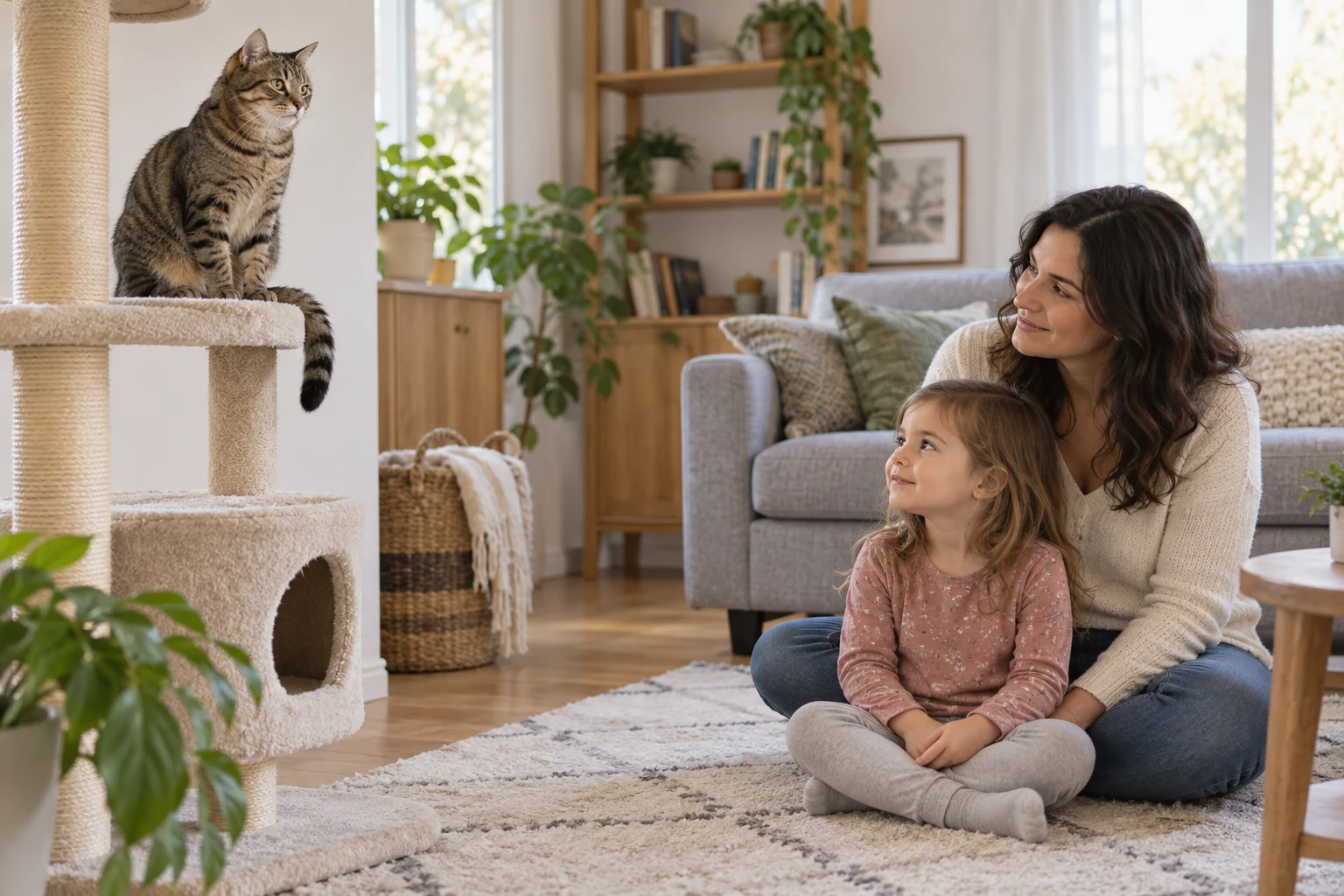 A preschool child sits calmly with a parent while a relaxed tabby cat watches from a cat tree at a safe distance.