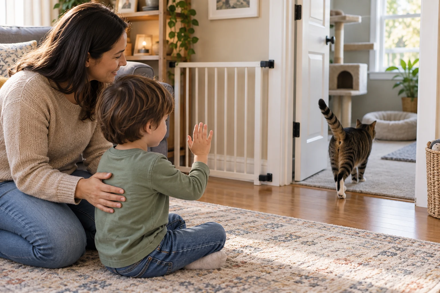 A preschool child waves goodbye while a tabby cat walks through an open doorway toward a quiet cat-safe room.