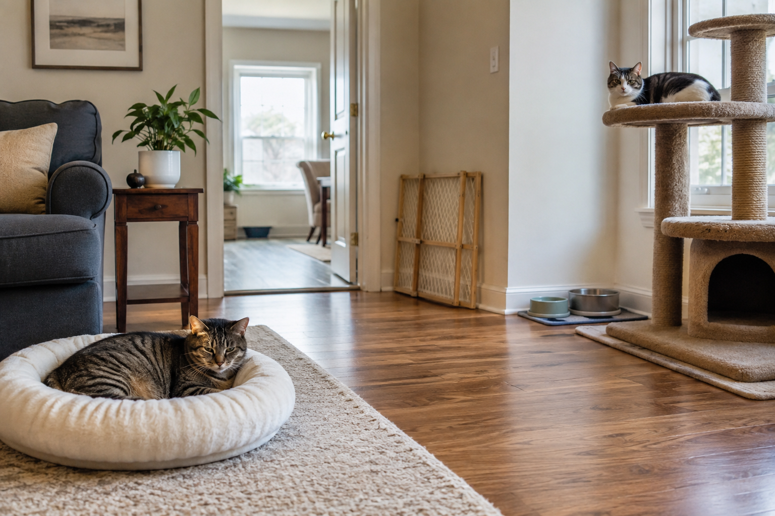 Two calm cats rest in separate zones of a living room with clear walking routes, separate bowls, and a baby gate nearby.