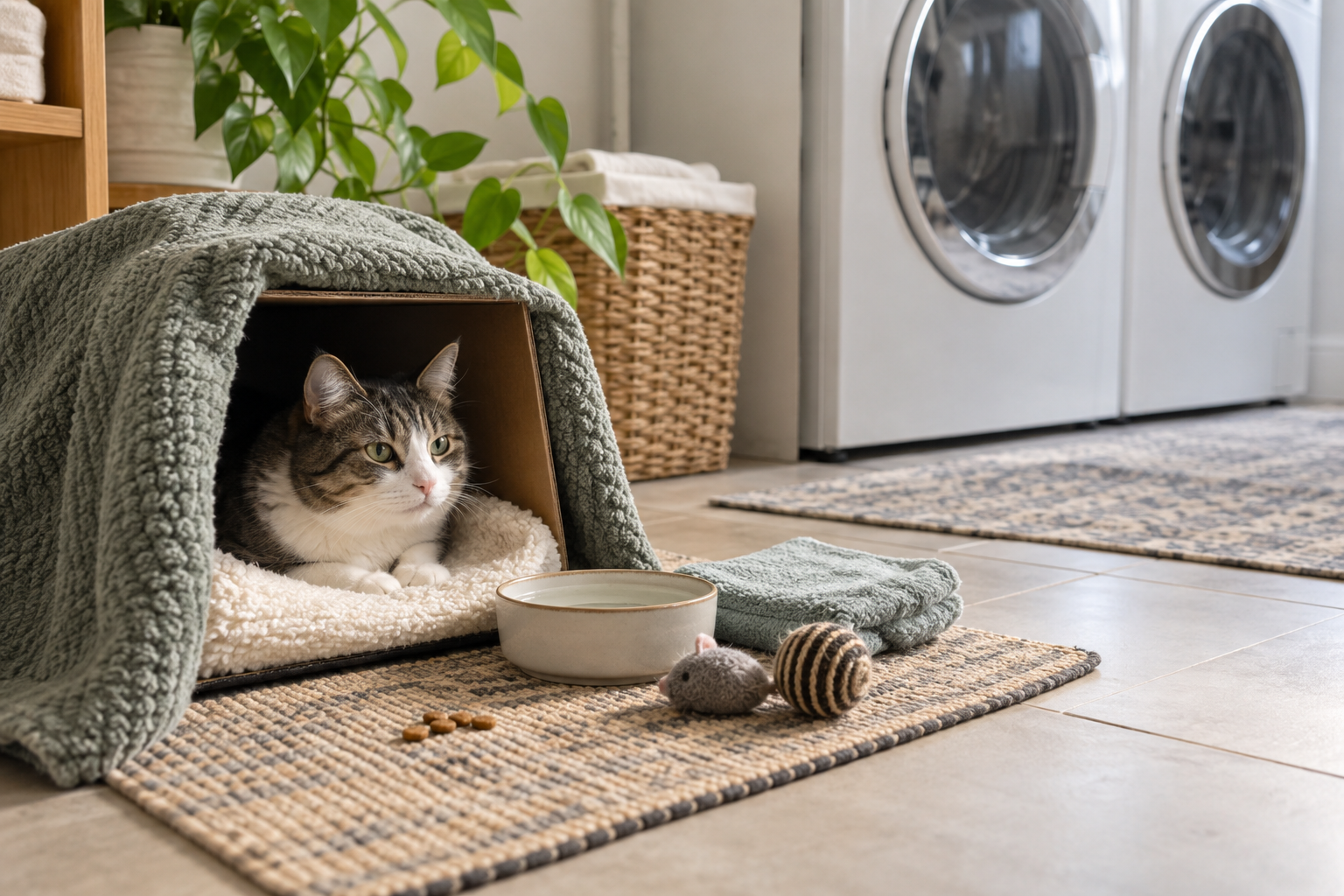 Relaxed cat resting inside a covered cardboard hide with water and toys near a quiet laundry area