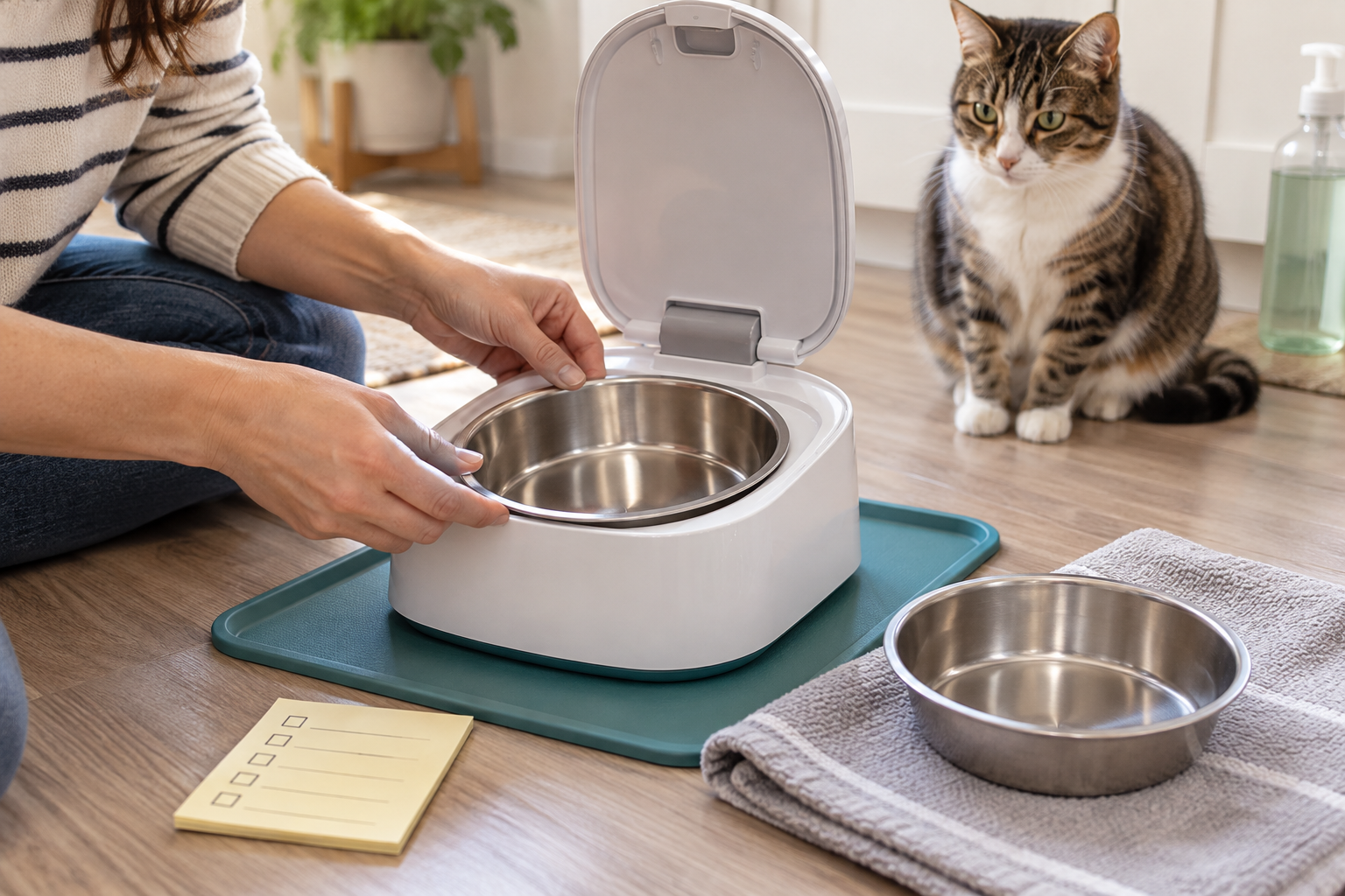A cat parent checking that a stainless steel replacement bowl insert sits flat inside a microchip feeder while a cat watches from a safe distance.