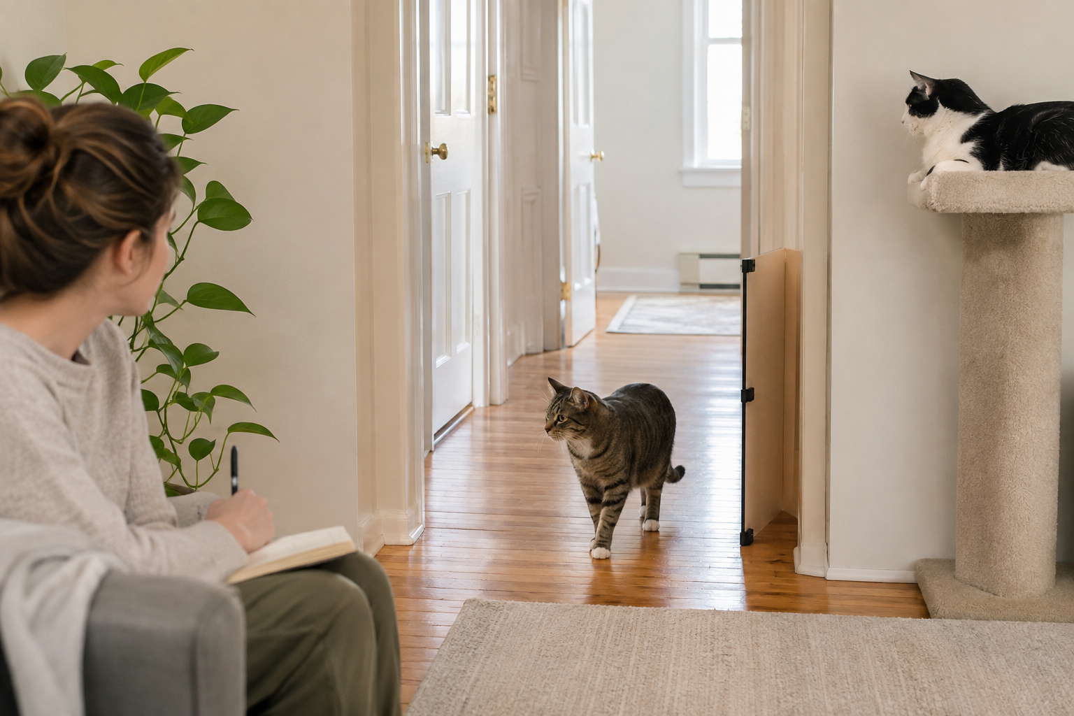 A cat parent quietly watches two cats using separate hallway routes with a perch, open doorway, and visual barrier.