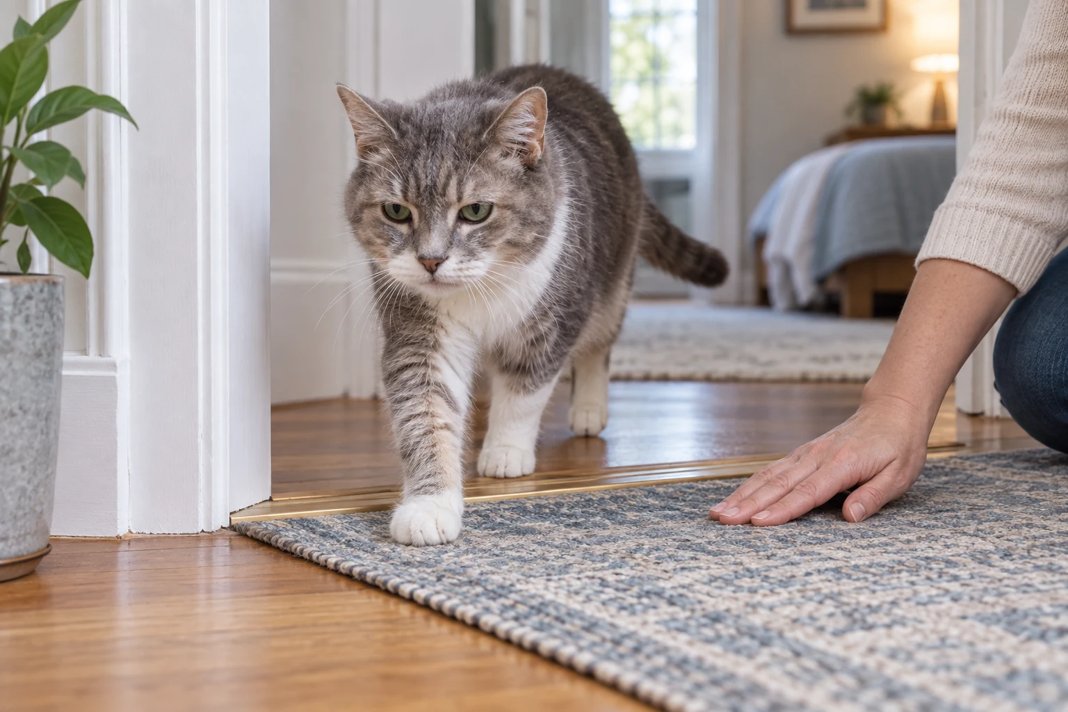 Older gray and white cat stepping over a low doorway threshold onto a flat rug runner while a caregiver smooths the edge.