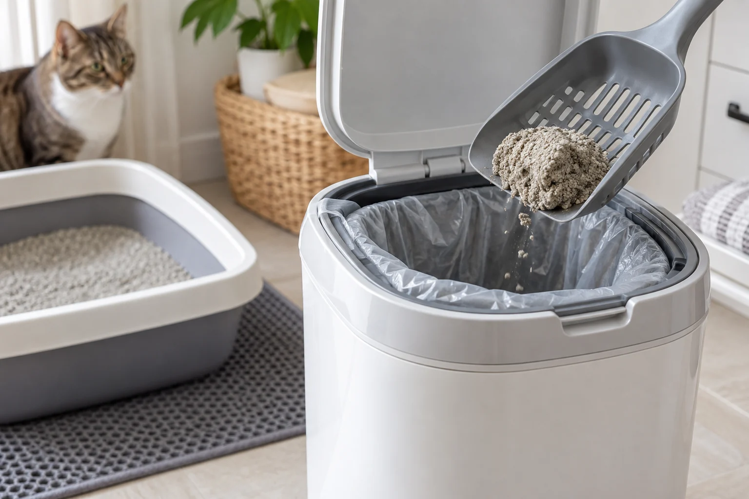 Close view of clumped cat litter being scooped into a lined sealed waste bin beside a clean litter box.