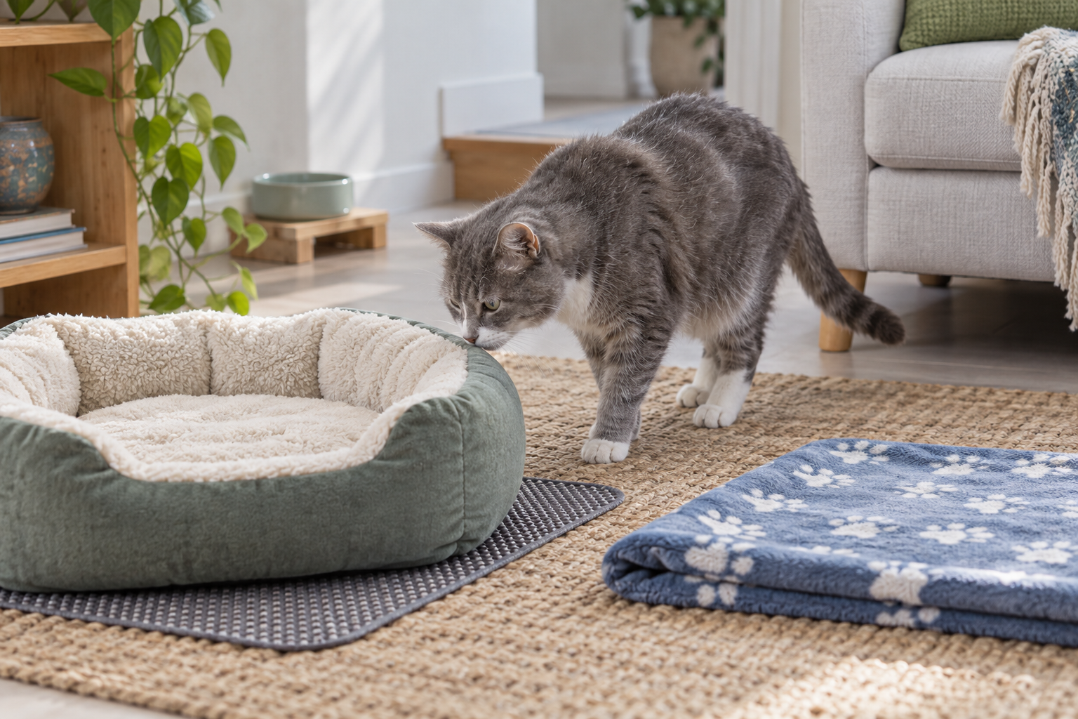 Senior gray and white cat sniffing a supportive low cat bed on a non-slip mat beside a folded blanket.