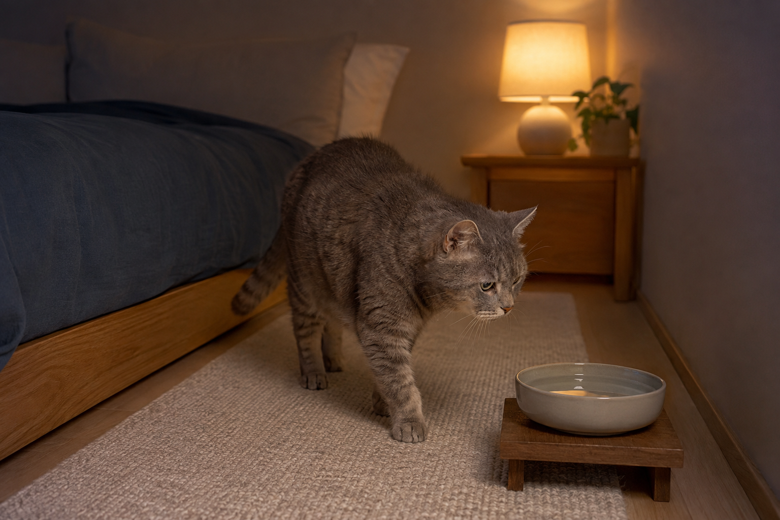 Senior gray tabby cat walking on a nonslip rug toward a shallow water bowl beside a low bed and warm night light.