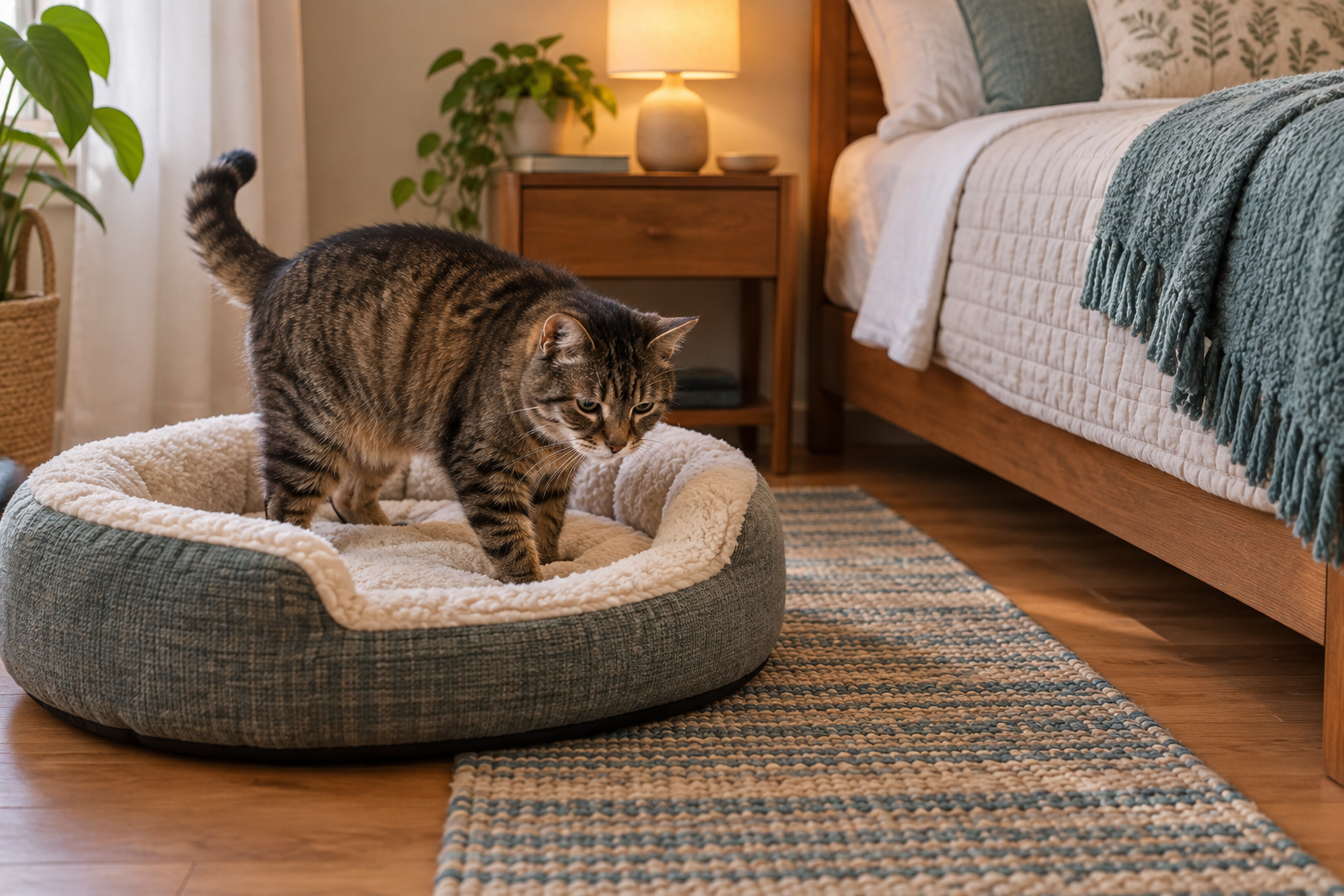 Senior tabby cat slowly circling on a low soft cat bed beside a non-slip rug in a calm bedroom.