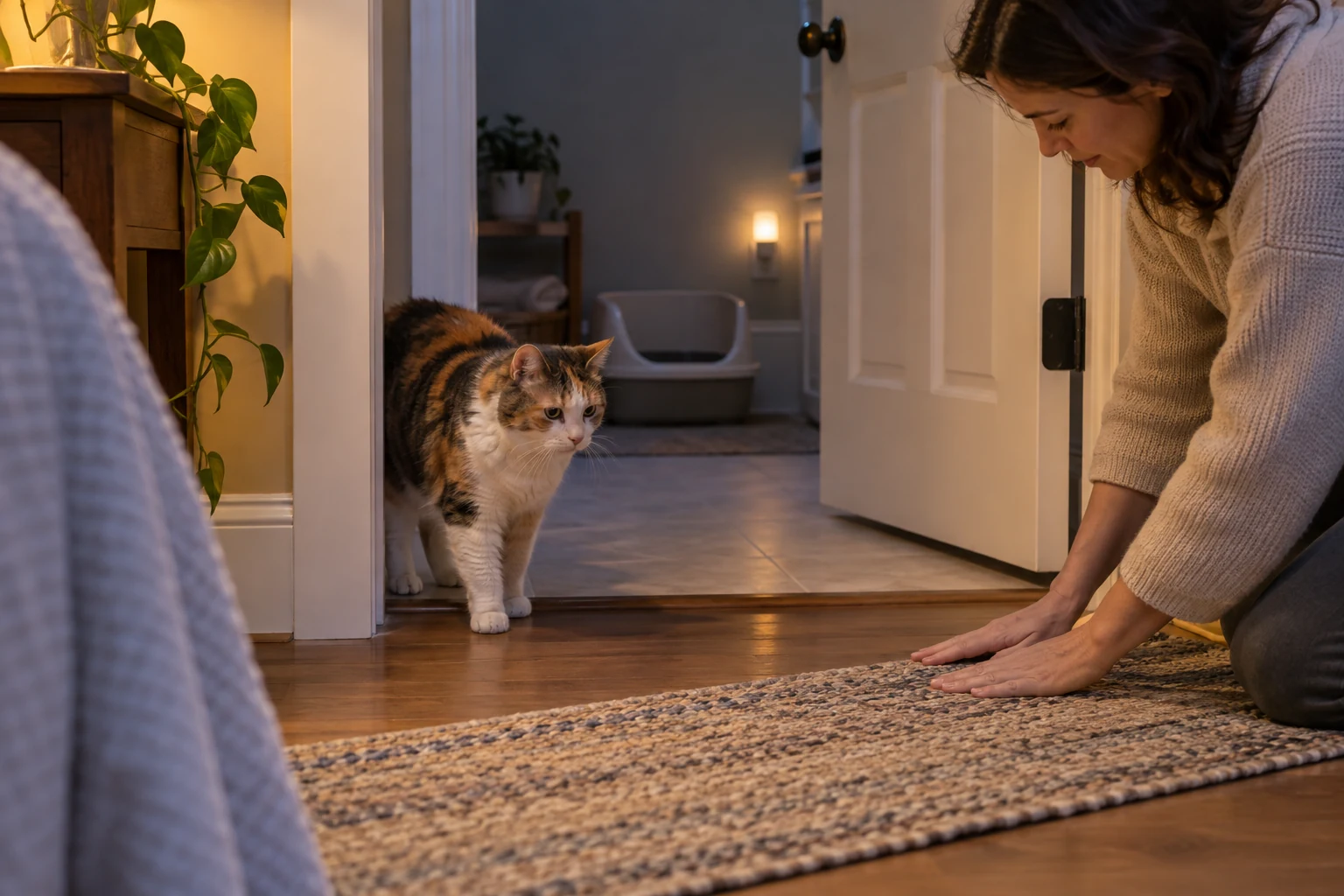 Cat parent smoothing a rug edge near an open door while an older calico cat walks toward a low-entry litter box.