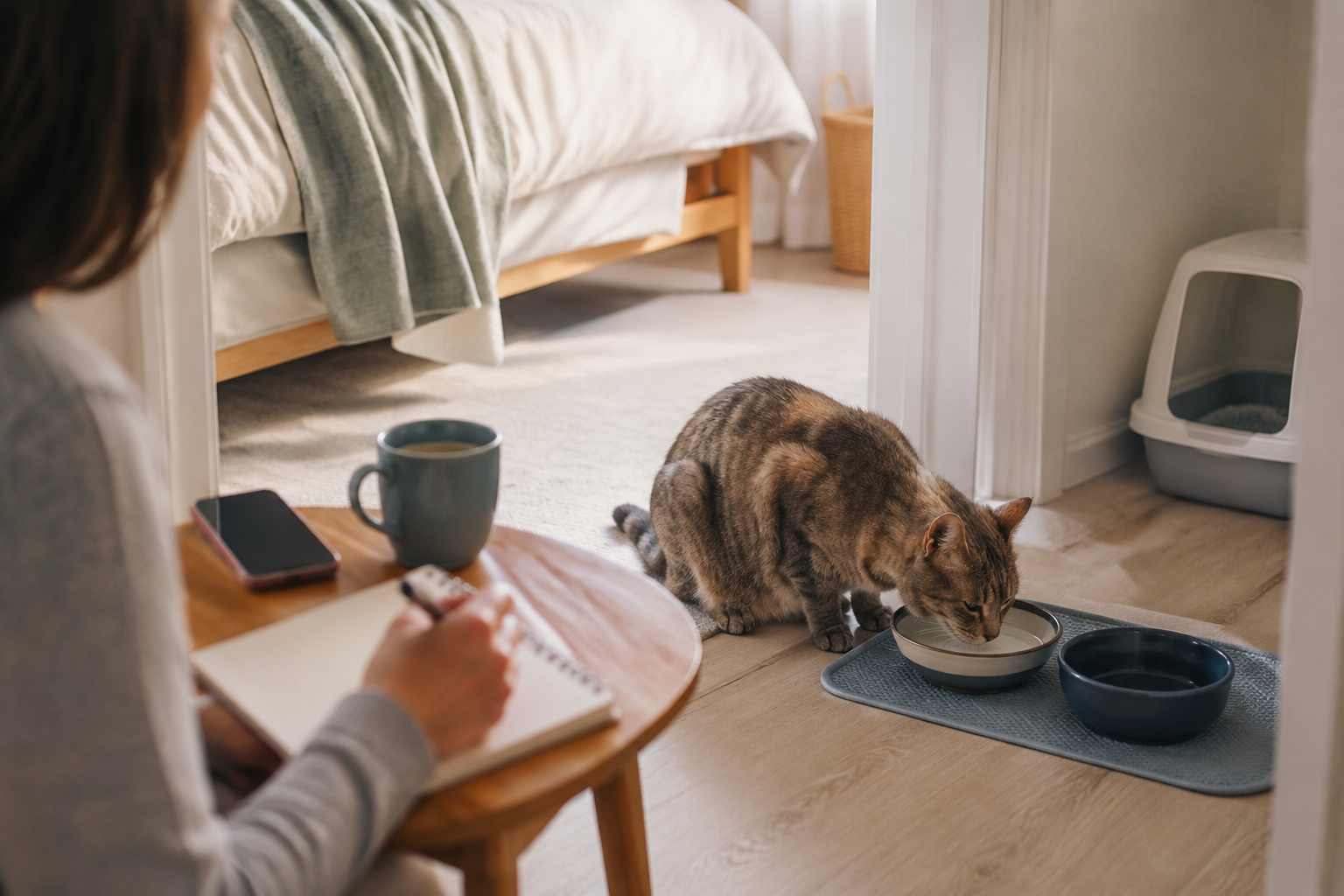 Cat parent quietly writing hydration notes while an older cat drinks from a bedroom water bowl near a clean litter box.