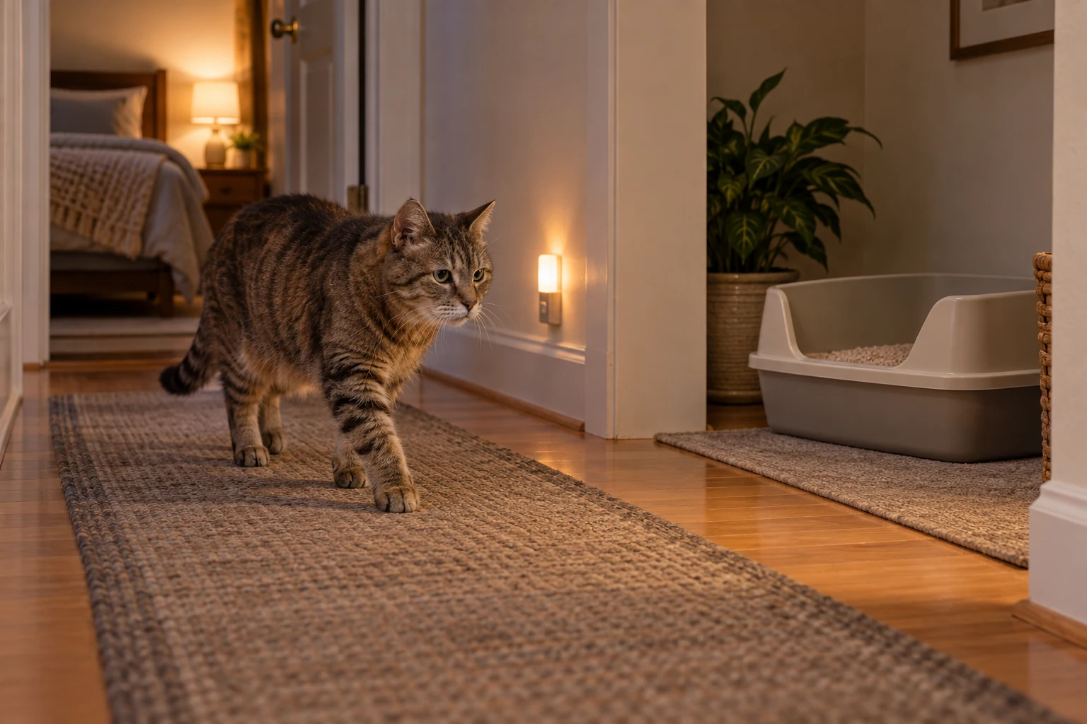 Senior tabby cat walking along a softly lit rug path toward a low-entry litter box at night.