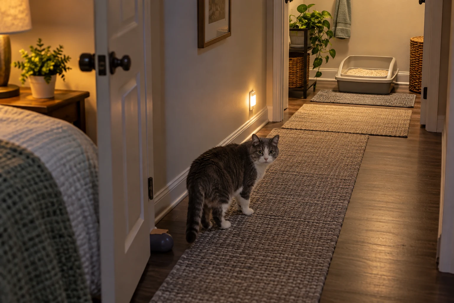 Senior gray and white cat standing on a rug path with a night light and low-entry litter box visible ahead.