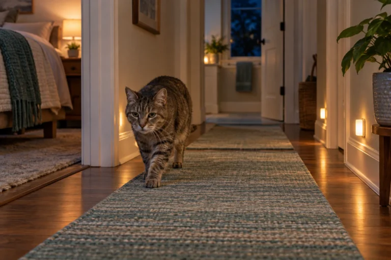 Senior tabby cat walking on a flat rug runner through a softly lit hallway at night.