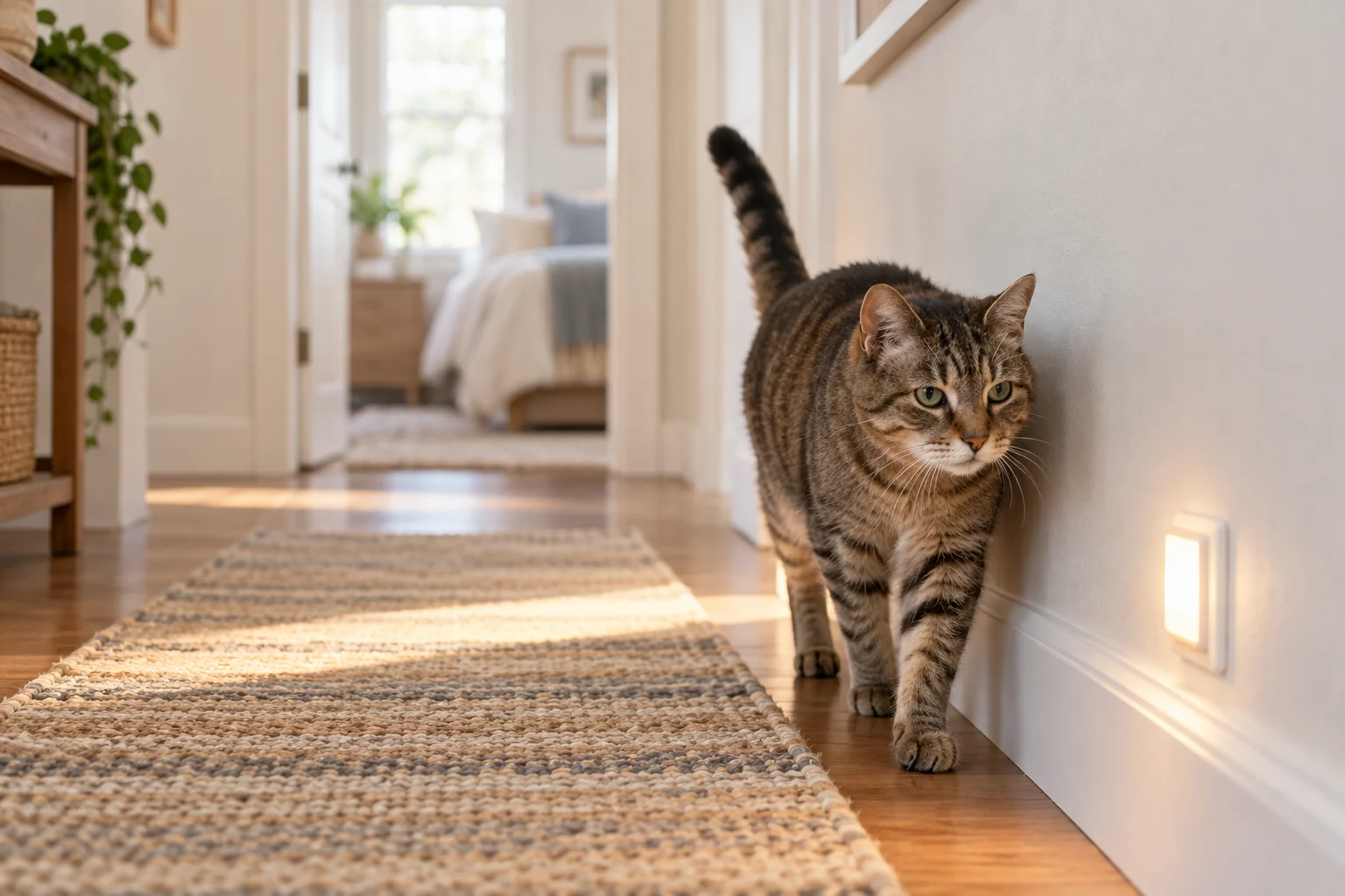 Senior tabby cat walking beside a hallway wall near a nightlight and non-slip runner rug.