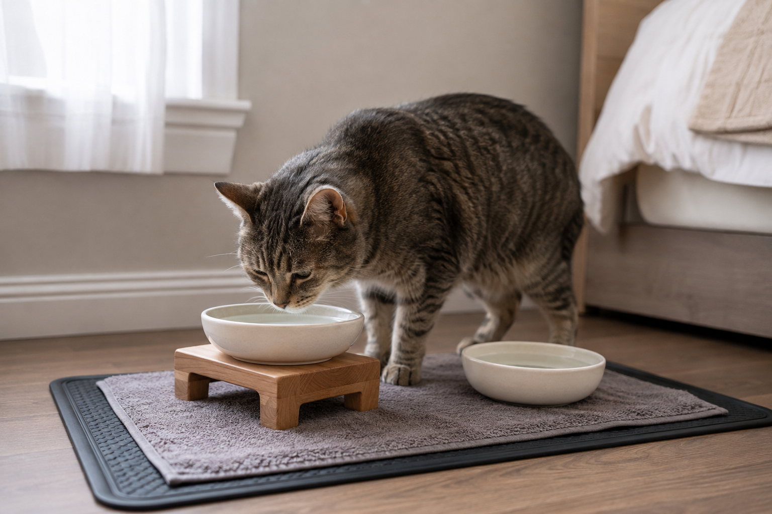 Older tabby cat drinking from a shallow water bowl on a very low stable riser with a second bowl on a nonslip mat.