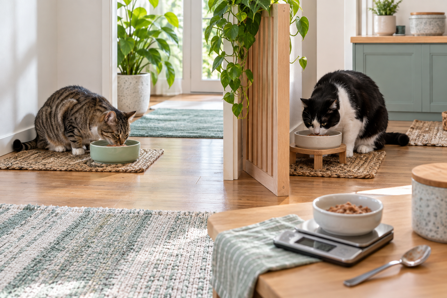Two cats eat wet food from separate bowls placed far apart with a visual divider and a kitchen scale nearby.