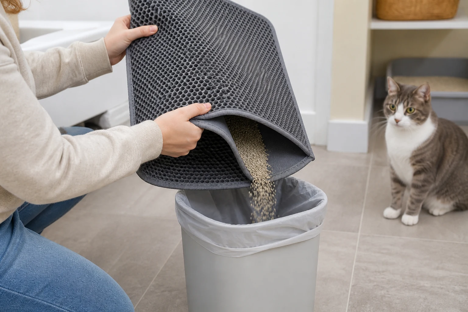 Caregiver hands folding a honeycomb cat litter mat over a trash bin while clean litter granules fall out.