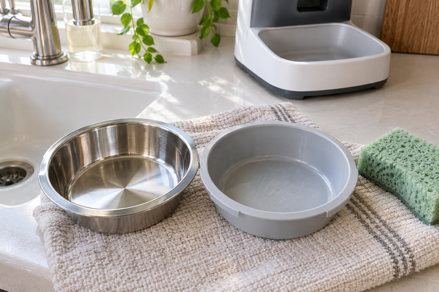 A stainless steel microchip feeder bowl insert and a lightly scratched plastic insert drying beside a clean towel and sponge.