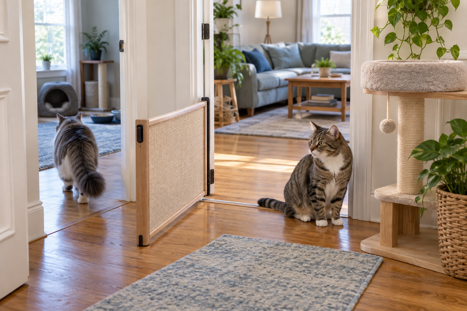 Two calm cats near an open doorway with a low barrier, cat tree, and separate room routes in a bright multi-cat home.