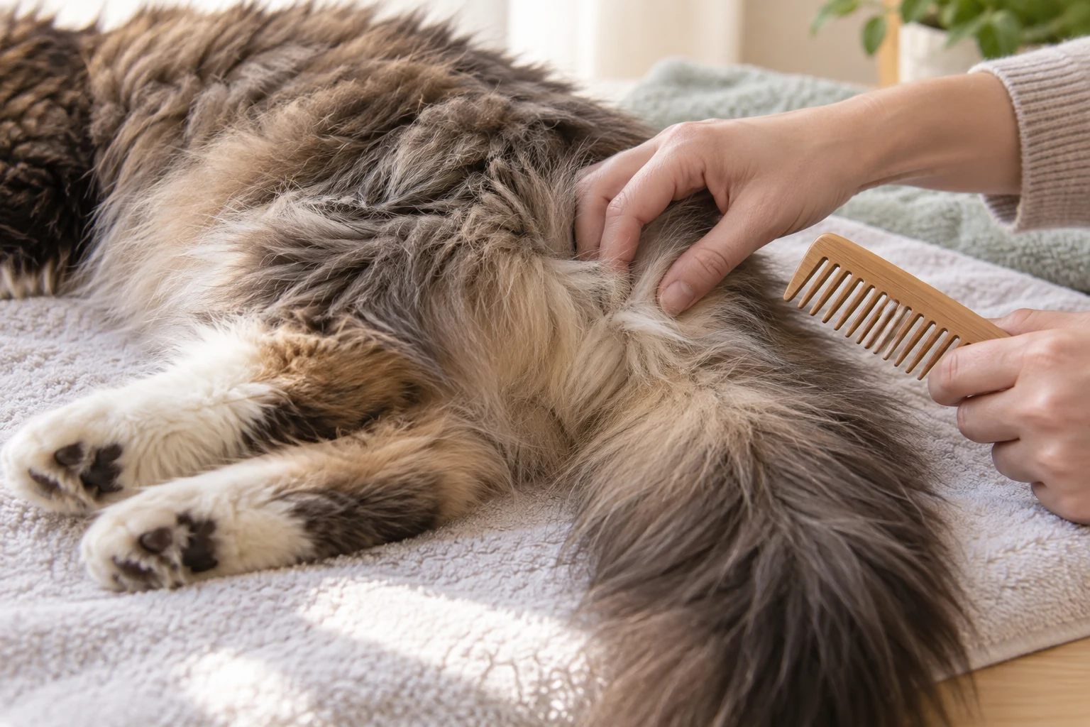 A person gently parts a longhaired cat's tail-base fur with fingertips while holding a wide-tooth comb nearby.