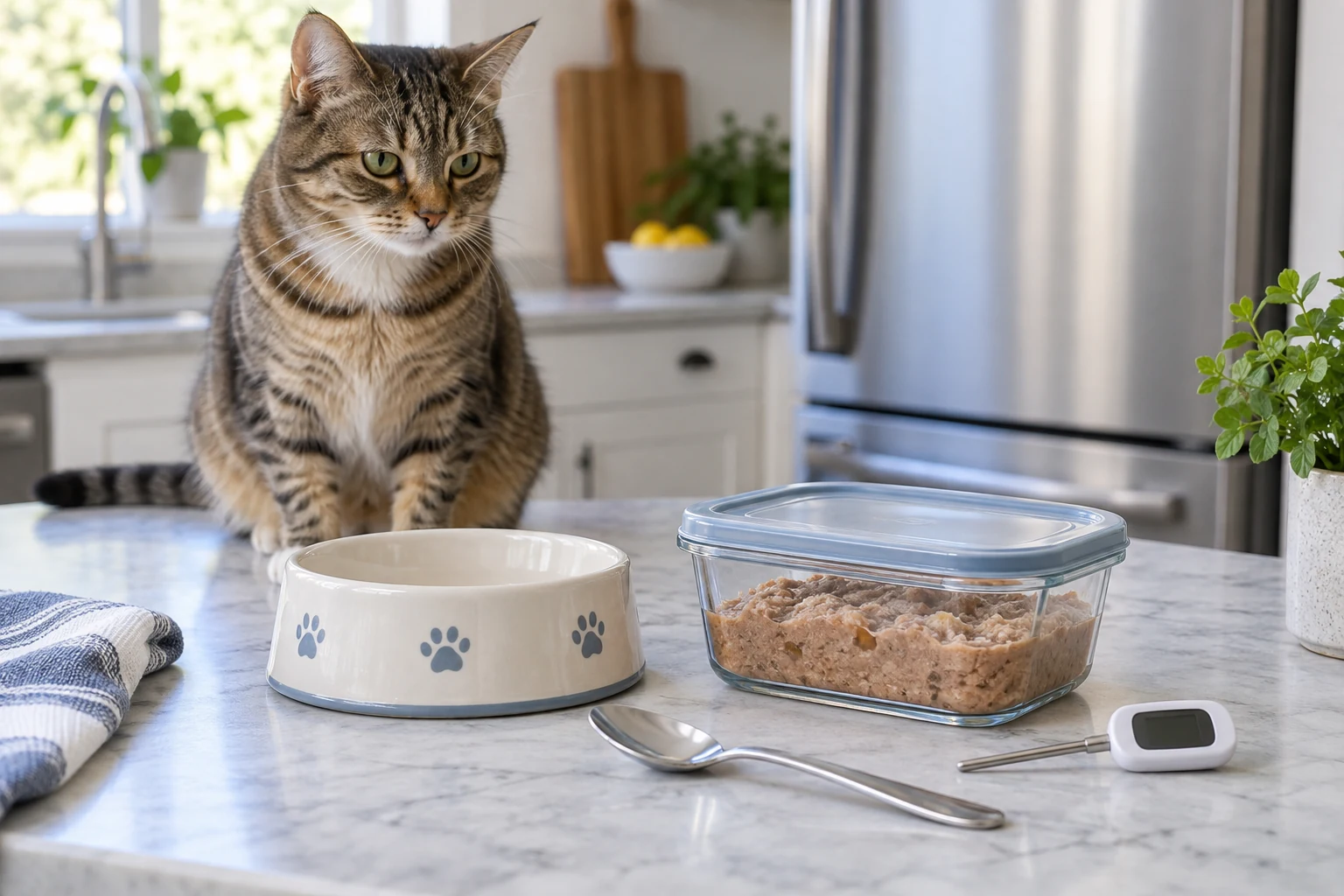 Tabby cat waiting near a clean cat bowl, covered thawed wet cat food container, spoon, and kitchen thermometer on a bright counter.
