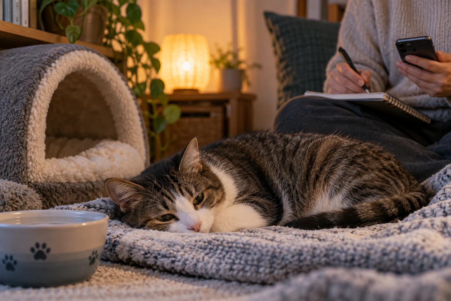Cat parent taking notes while a resting cat relaxes nearby
