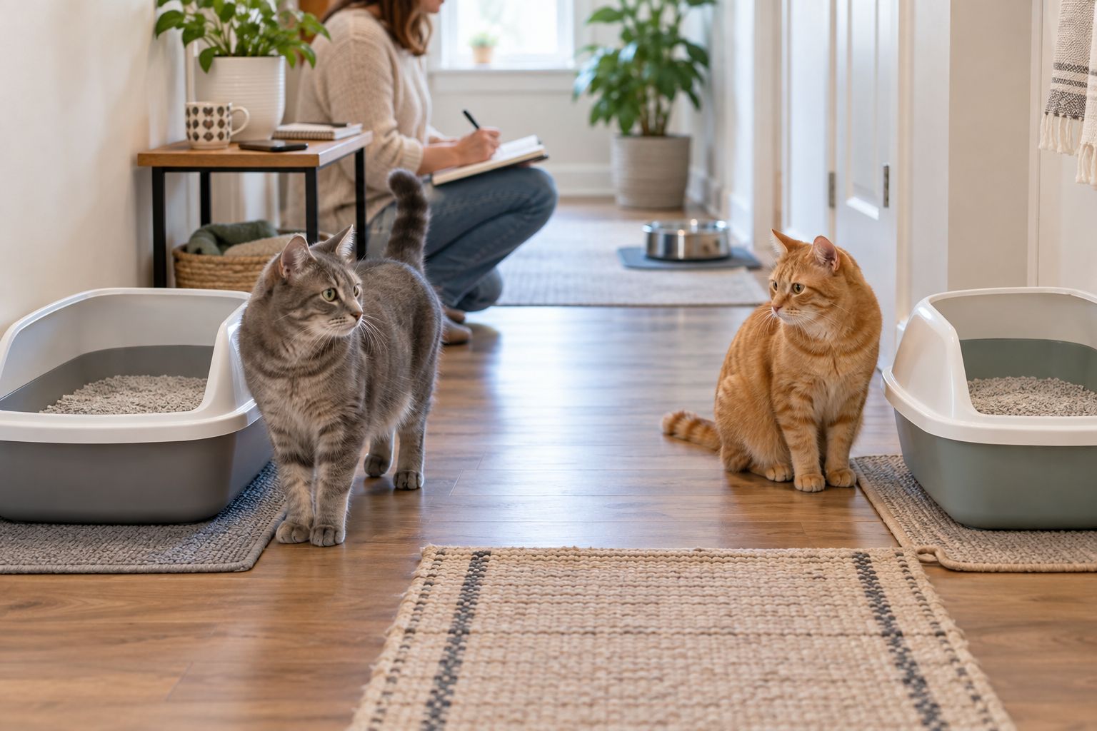 Two calm cats near separate clean litter boxes while a cat parent writes urinary tracking notes in a bright home hallway.