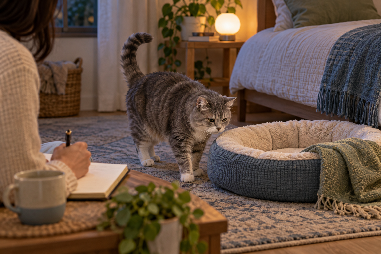 Cat parent writing notes while a senior tabby cat circles beside a low bed in soft evening light.