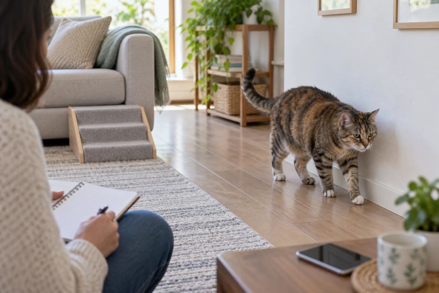 Cat parent observing a senior cat walking beside a living room wall while holding a notebook.