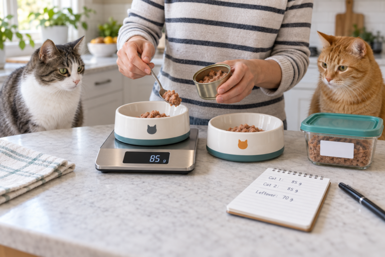Two cats wait beside separate wet food bowls while a cat parent portions food with a spoon, kitchen scale, opened can, and labeled leftover container.