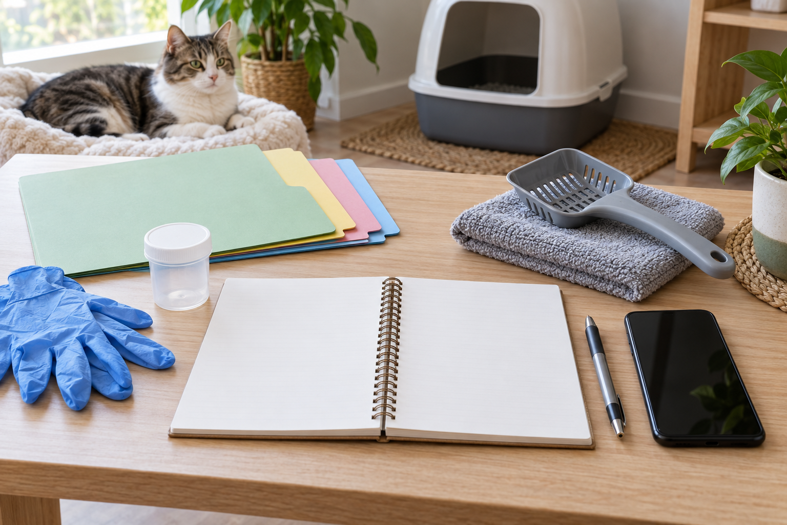 Blank notebook, phone, pen, clean sample container, gloves, scoop, folder tabs, and a calm cat near a clean litter box setup.